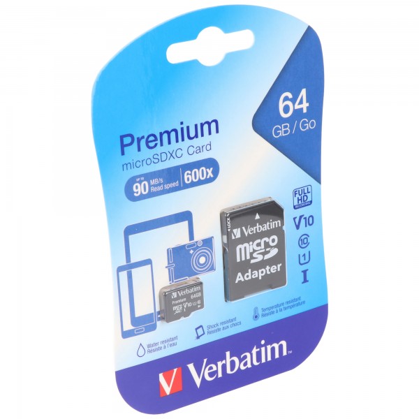 Carte microSDXC Verbatim 64 Go, Premium, Classe 10, U1 (R) 90 Mo/s, (W) 10 Mo/s, adaptateur SD, blister de vente au détail
