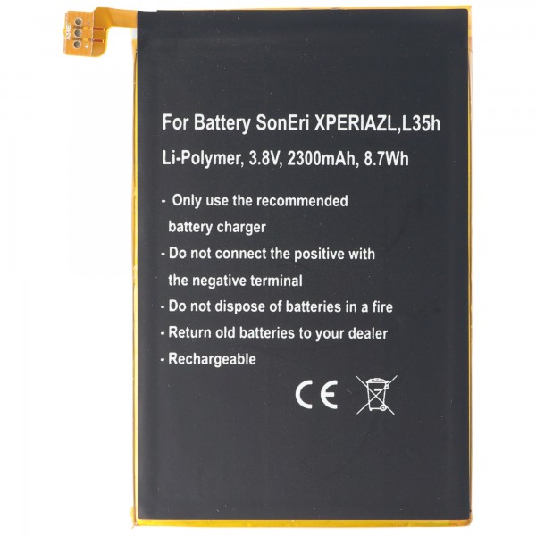 Batterie pour Sony Ericsson XPERIA ZL, L35h, Li-Polymer, 3.8V, 2300mAh, 8.7Wh, intégrée, sans outils