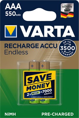 Varta Recharge Accu Endless 56663101402 Batterie rechargeable AAA LR03 2 piles blister de 1,2 volt à 550 mAh rechargeables jusqu'à 3 500 fois, y compris le boîtier de pile AccuCell gratuit
