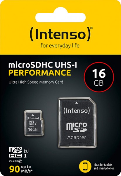 Carte microSDHC Intenso 16 Go, Performance, Classe 10, U1 (R) 90 Mo/s, (W) 10 Mo/s, adaptateur SD, blister de vente au détail