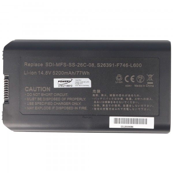 Batterie adaptée à la batterie Fujitsu-Siemens SDI-MFS-SS-26C-08, Fujitsu Siemens SDI-MFS-SS-26C-08, 14.8V 5200mAh