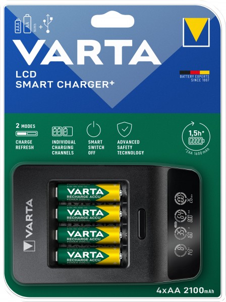 Batterie rechargeable Varta NiMH, chargeur universel, LCD Smart Charger+ avec piles, 4x Mignon, AA, 2100mAh, USB