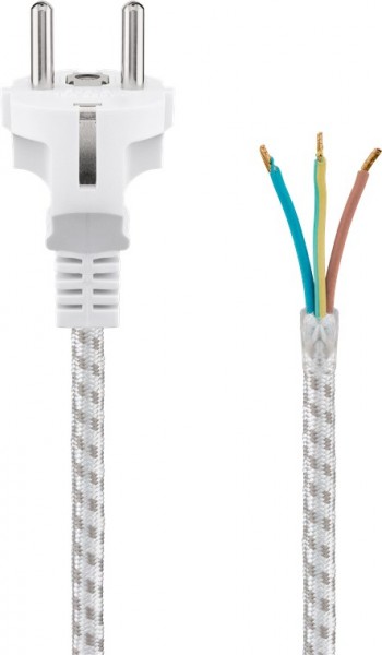 Câble de contact de protection Goobay, résistant à la chaleur pour montage, 3 m, blanc-argent - fiche hybride (type E + F, CEE 7/7) > extrémités de câble libres