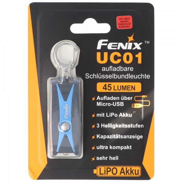 Lampe de poche Fenix UC01 à LED dans un boîtier bleu, porte-clés avec batterie et fonction de chargement USB