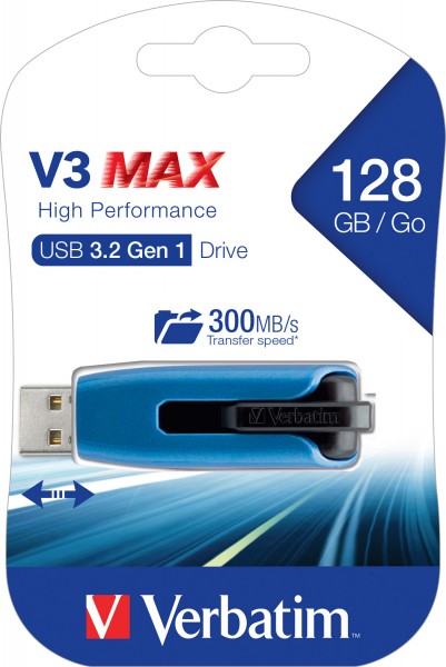 Clé USB 3.2 Verbatim 128 Go, V3 MAX, bleu-noir Type-A, (R) 300 Mo/s, (W) 70 Mo/s, blister de vente au détail