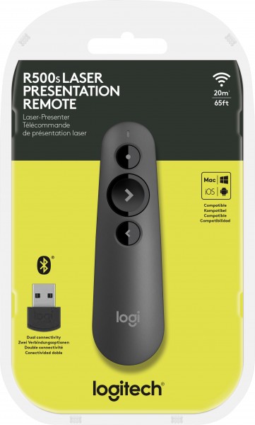 Logitech Presenter R500s, sans fil, Bluetooth, laser graphite, 3 boutons, pile 1x AAA incluse, vente au détail