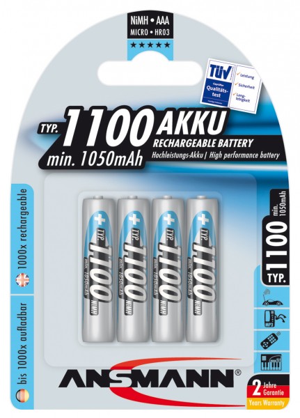 Tecxus Batterie NiMH Micro, AAA, LR03, 1,2 Volt à 1100mAh en pack de 4