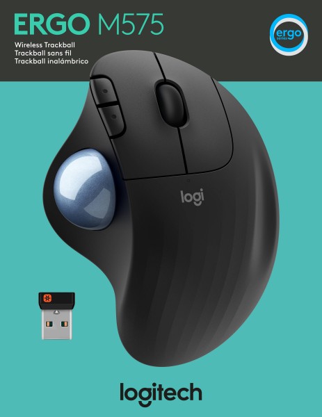 Logitech Mouse M575, Ergo, Sans fil, Unifying, Bluetooth, optique graphite, 400-2000 dpi, 5 boutons, trackball, vente au détail