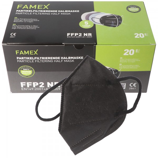 20 pièces masque FFP2 noir 5 couches, certifié selon DIN EN149: 2001 + A1: 2009, demi-masque filtrant les particules, masque de protection FFP2