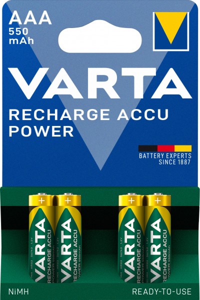 Batterie Varta NiMH, Micro, AAA, HR03, 1,2 V/550 mAh Accu Power, préchargée, blister de vente au détail (lot de 4)