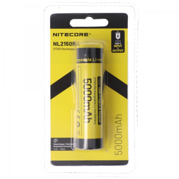 Batterie Nitecore Li-Ion type 21700 5000mAh NL2150RX avec entrée/sortie USB-C Dimensions environ 78x21mm