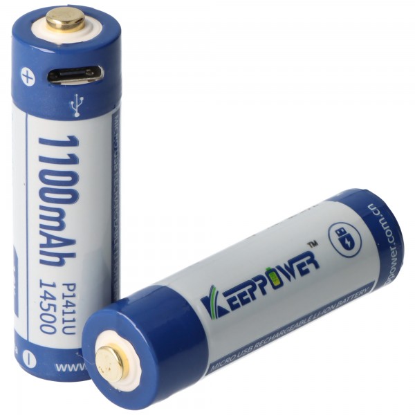 Batterie Li-ion Keeppower 14500 - 1100mAh 3,7V - 3,6V avec option de chargement USB et PCB P1411U