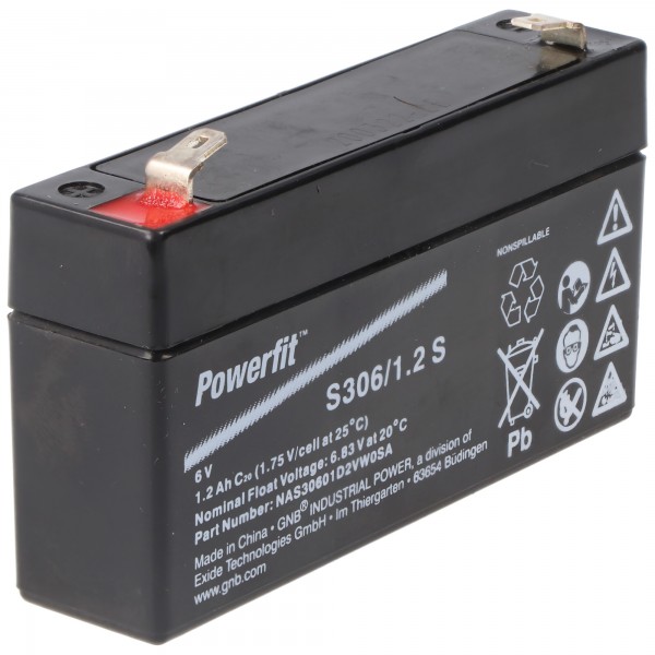 Batterie Exide Powerfit S306 / 1.2S au plomb avec Faston 4.8mm 6V, 1200mAh