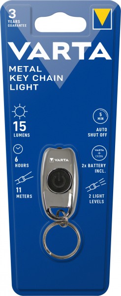 Torche LED Varta Metal Key Chain Light, 15lm, avec 2x pile bouton CR2016, blister de vente au détail