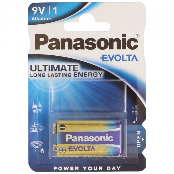Bloc Panasonic Evolta 9V, pile alcaline, pile 9V idéale pour détecteurs de fumée, télécommandes