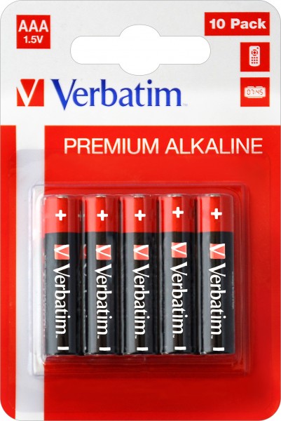 Pile alcaline Verbatim, micro, AAA, LR03, 1,5 V Premium, blister de vente au détail (paquet de 10)