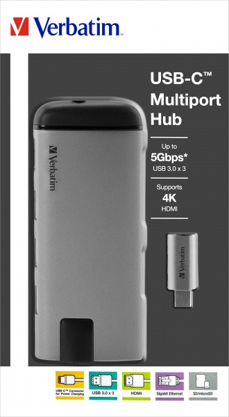 Hub Verbatim, USB 3.1-C, Multiport 3x USB 3.0, HDMI 4K, RJ45 Gigabit, SD/micSD, Charge d'alimentation, Câble USB-C, 15 cm, Vente au détail