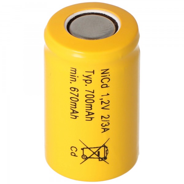 Batterie 2/3 A Cadnica NICD Flattop sans étiquette de soudure, 1,2 Volt 700mAh