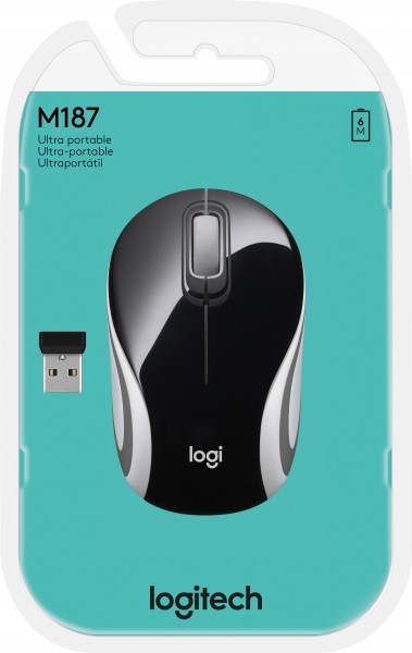 Logitech Mouse M187, Ultra Portable, Sans fil, Optique noire, 1000 dpi, 3 boutons, Vente au détail
