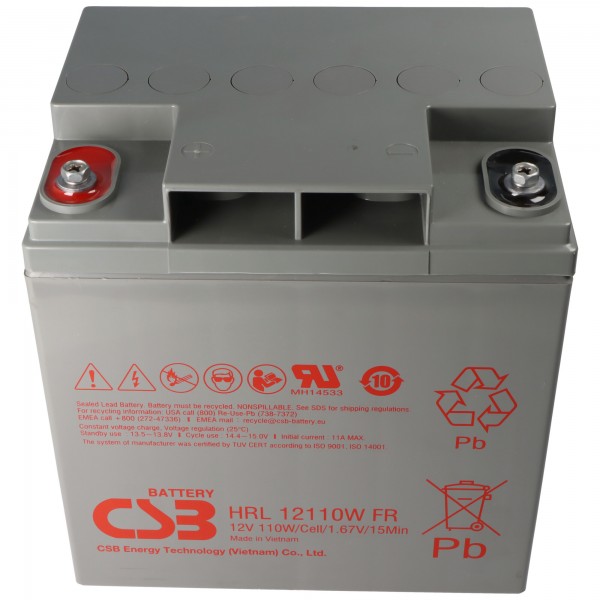 CSB HRL12110W-FR Batterie au plomb AGM 12 Volt 110 Wh Dimensions 166x125x175mm Filetage intérieur M5, ignifuge