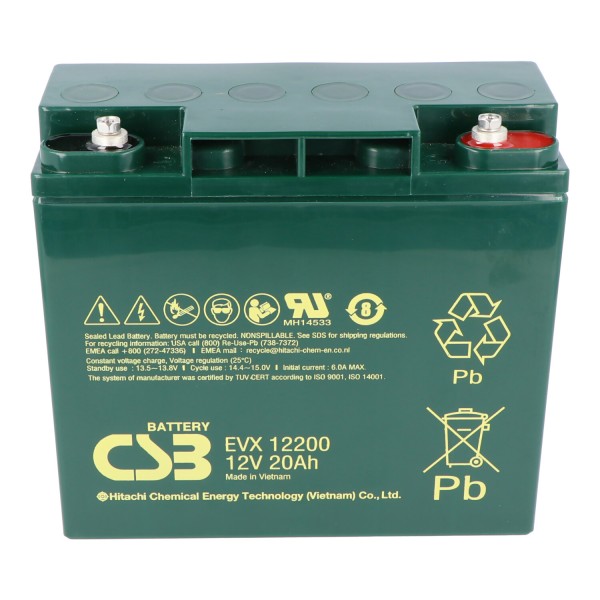 CSB-EVX12200 Batterie plomb-acide 12 Ah AGM 20Ah, 181x76,2x167mm, cycle profond, filetage intérieur M5