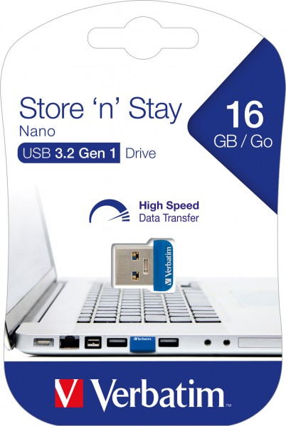 Clé USB 3.2 Verbatim 16 Go, Nano Store'n'Stay Type-A, (R) 60 Mo/s, (W) 12 Mo/s, blister de vente au détail