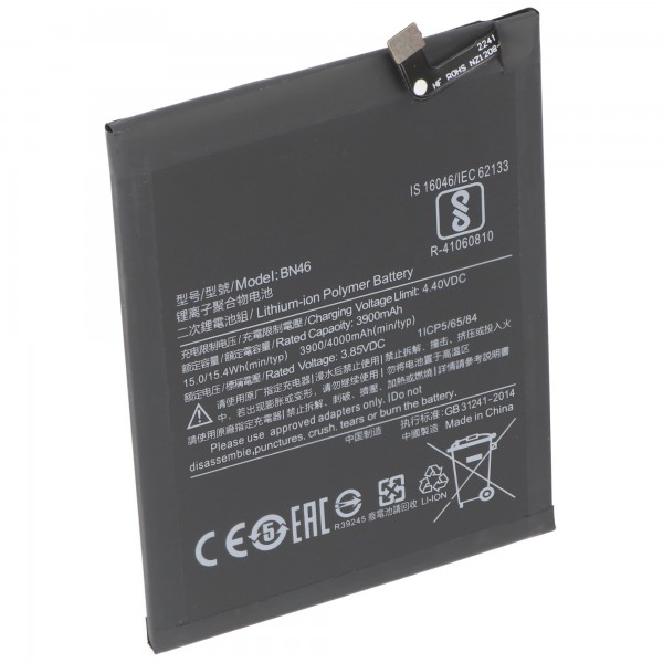 Batterie adaptée pour Xiaomi Redmi Note 6, Note 8, Li-Polymer, 3.85V, 3900mAh, 15Wh, intégrée, sans outils
