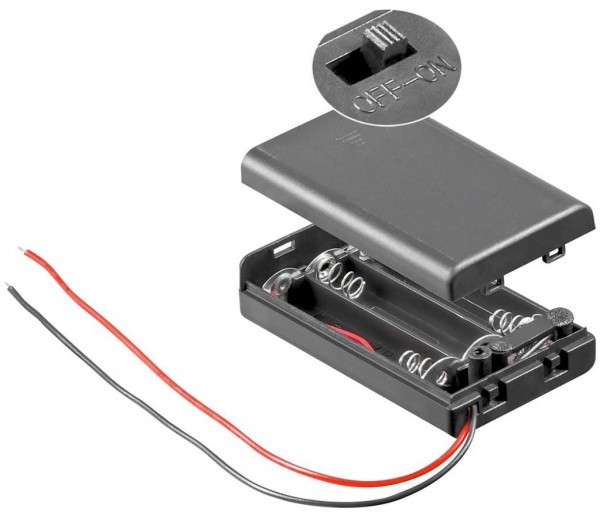 Support de batterie pour 3x Micro avec couvercle et interrupteur, hydrofuge, avec extrémités de câble libres