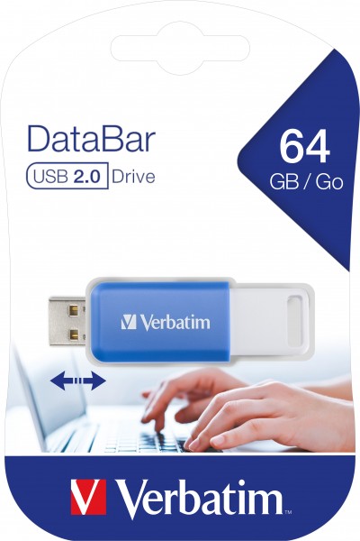 Verbatim Clé USB 2.0 64 Go, DataBar, Bleu Type-A, (R) 12 Mo/s, (W) 5 Mo/s, blister de vente au détail