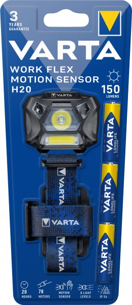 Torche LED Varta Work Flex Line, détecteur de mouvement 150 lm, avec 3 piles alcalines AAA, blister de vente au détail