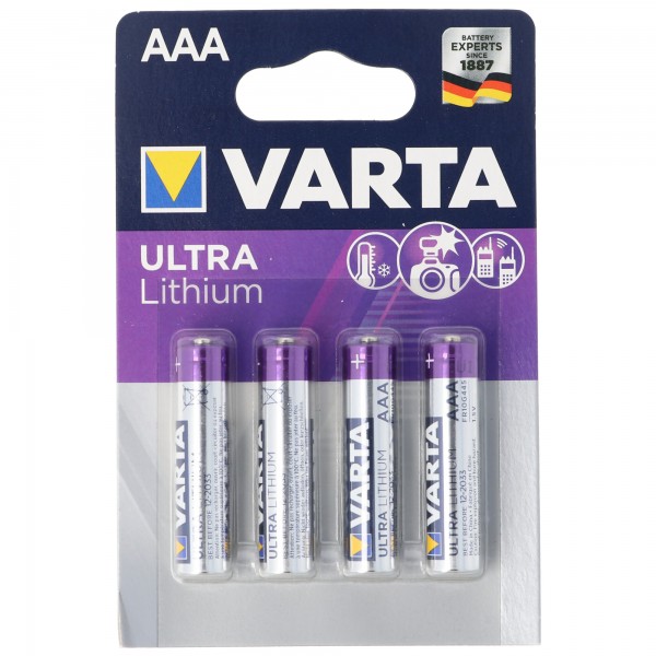 Pile au lithium Varta AAA, Micro, FR03, 6103, Varta Ultra Lithium, 1,5 V, blister de 4