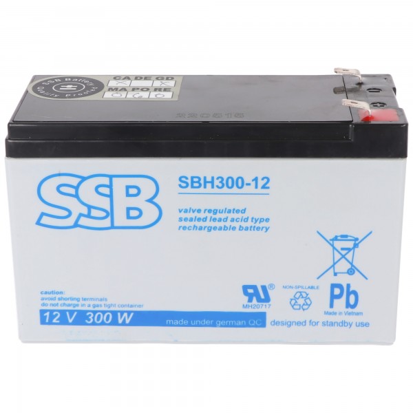 Batterie au plomb SSB SBH300-12 12V 9Ah Batterie au plomb AGM, avec Faston 6.3mm, idéale pour les applications à fort courant