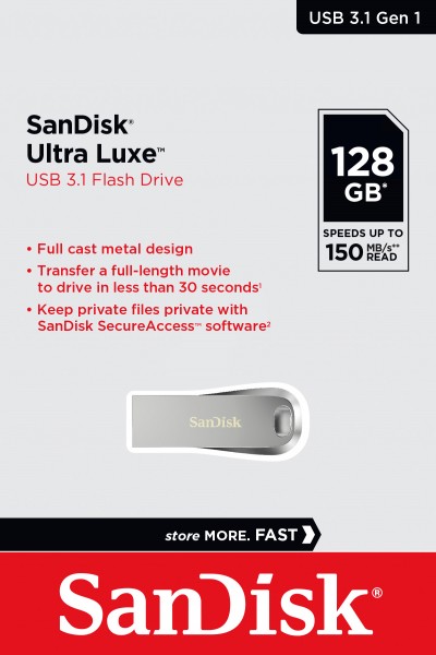 Clé USB 3.1 Sandisk 128 Go, Type-A, Ultra Luxe Type-A, (R) 150 Mo/s, SecureAccess, blister de vente au détail