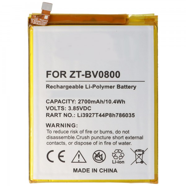 Batterie pour ZTE Blade V8, Li-Polymer, 3.8V, 2730mAh, 10.4Wh, intégrée, sans outil