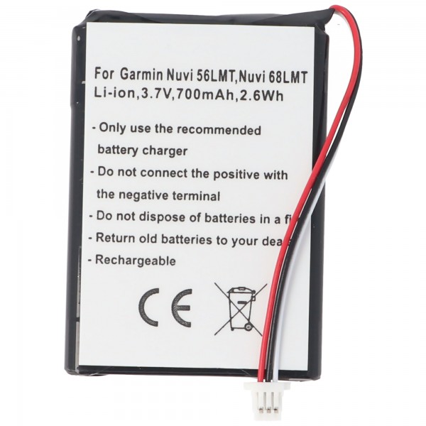 Batterie pour Garmin Nuvi 56LMT, Nüvi 68LMT, Li-ion, 3.7V, 700mAh, 2.6Wh