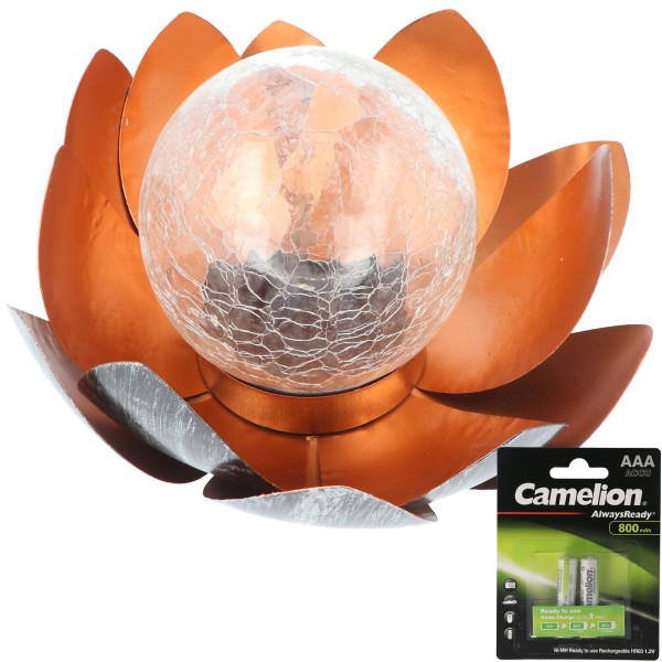 Fleur de lotus solaire décorative en métal avec boule de verre - lumière blanche chaude agréable - effets de lumière oniriques - optique en verre brisé avec 2x batterie de rechange