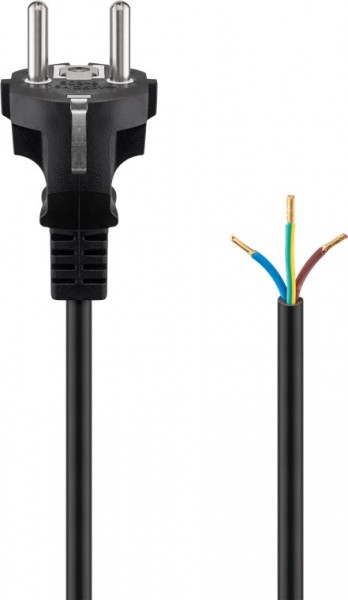 Câble de contact de protection à assembler, 1,5 m, fiche de contact de protection noire (type F, CEE 7/7)> extrémités libres