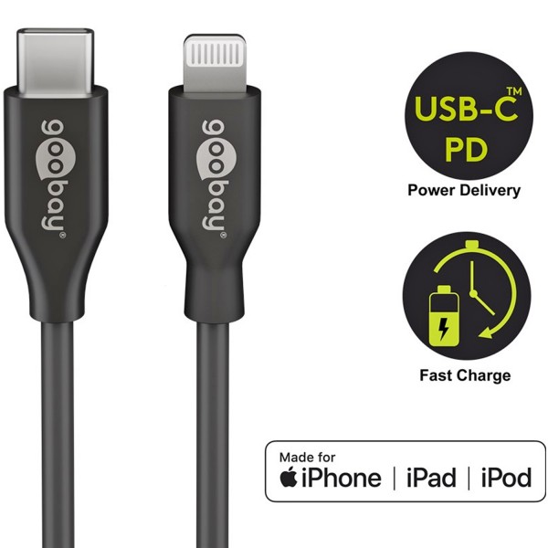 Câble de charge et de synchronisation Lightning USB-C, le câble MFi pour Apple iPhone, iPad noir