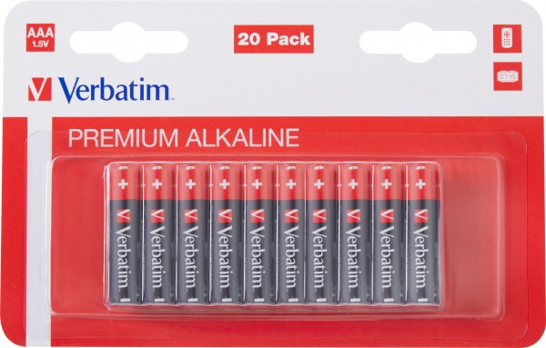 Pile alcaline Verbatim, Micro, AAA, LR03, 1,5 V Premium, blister de vente au détail (paquet de 20)