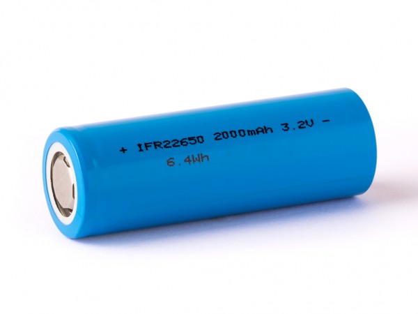Batterie au phosphate de fer lithium lithium IFR22650 de 3.2Volt à 3.3V 2000mAh LiFePO4, dimensions notées 65x22.1mm