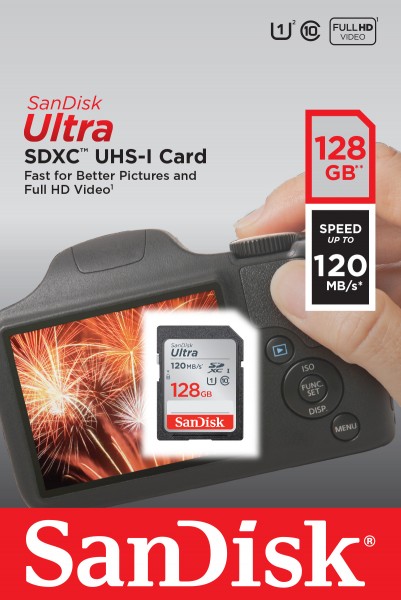 Carte Sandisk SDXC 128 Go, Ultra, Classe 10, UHS-I (R) 120 Mo/s, blister de vente au détail