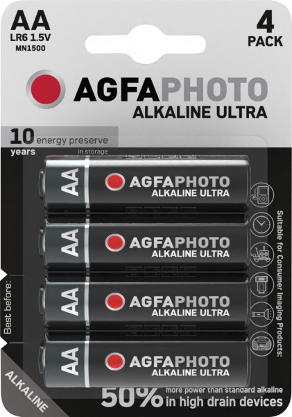 Pile alcaline Agfaphoto, Mignon, AA, LR06, 1,5 V Ultra, blister de vente au détail (paquet de 4)