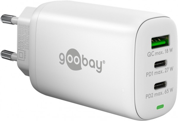 Goobay USB-C™ PD chargeur rapide multiport 3 voies (65 W) blanc - 2x ports USB-C™ (Power Delivery) et 1x port USB-A (Quick Charge) - blanc
