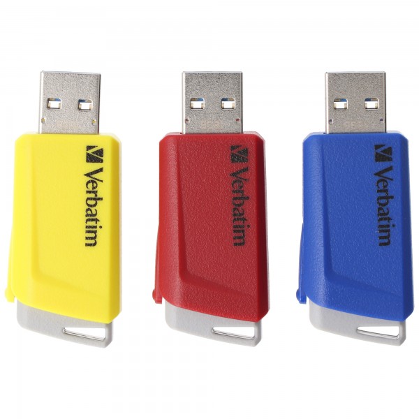 Clé USB 3.2 Verbatim 16 Go, Store'n'Click, rouge-bleu-jaune Type-A, (R) 80 Mo/s, (W) 25 Mo/s, blister de vente au détail (paquet de 3)