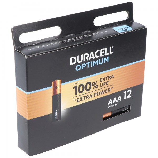 Piles alcalines Duracell Optimum AAA Mignon 1,5 V LR03 MX2400 Lot de 12, Batterie pour Smart Home, Piles