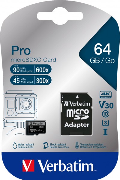 Carte microSDXC Verbatim 64 Go, PRO, U3, UHS-I, 4K UHD (R) 90 Mo/s, (W) 45 Mo/s, adaptateur SD, blister de vente au détail