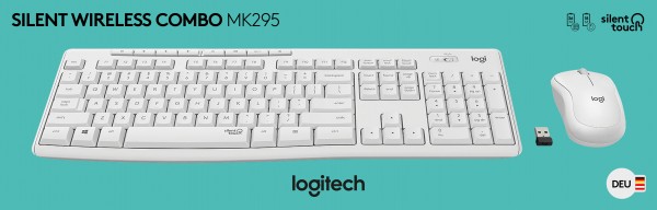 Ensemble clavier/souris Logitech MK295, Sans fil, Blanc silencieux, DE, Optique, 1000 dpi, Vente au détail