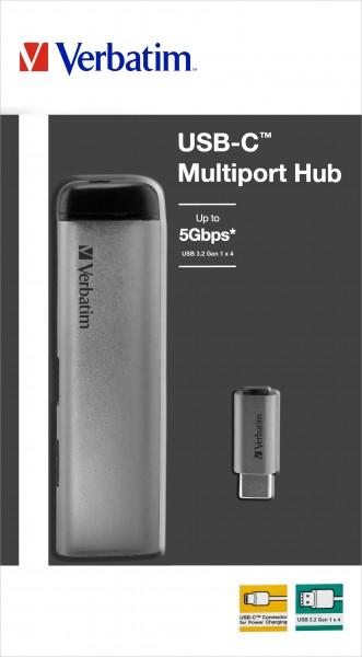 Hub Verbatim, USB 3.1-C, multiport 4x USB 3.2 Gen.1, câble argenté 15 cm, blister de vente au détail