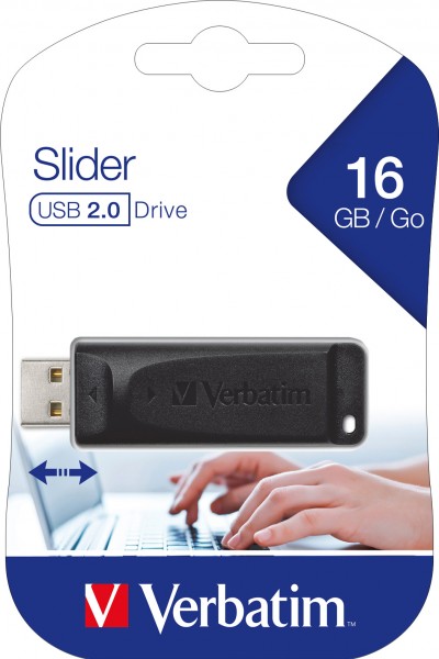 Clé USB 2.0 Verbatim 16 Go, Slider (R) 10 Mo/s, (W) 4 Mo/s, blister de vente au détail