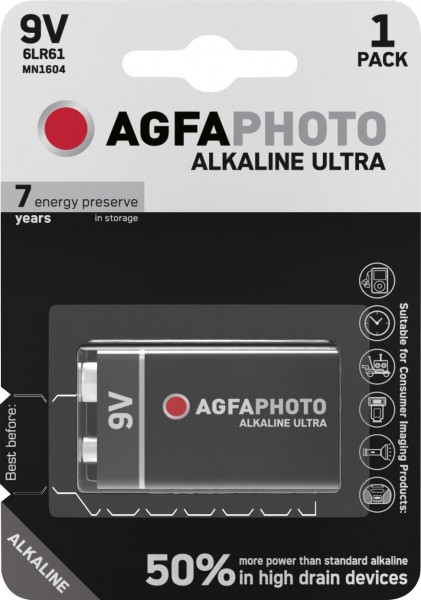 Agfaphoto Pile alcaline, E-Block, 6LR61, 9 V Ultra, blister de vente au détail (paquet de 1)